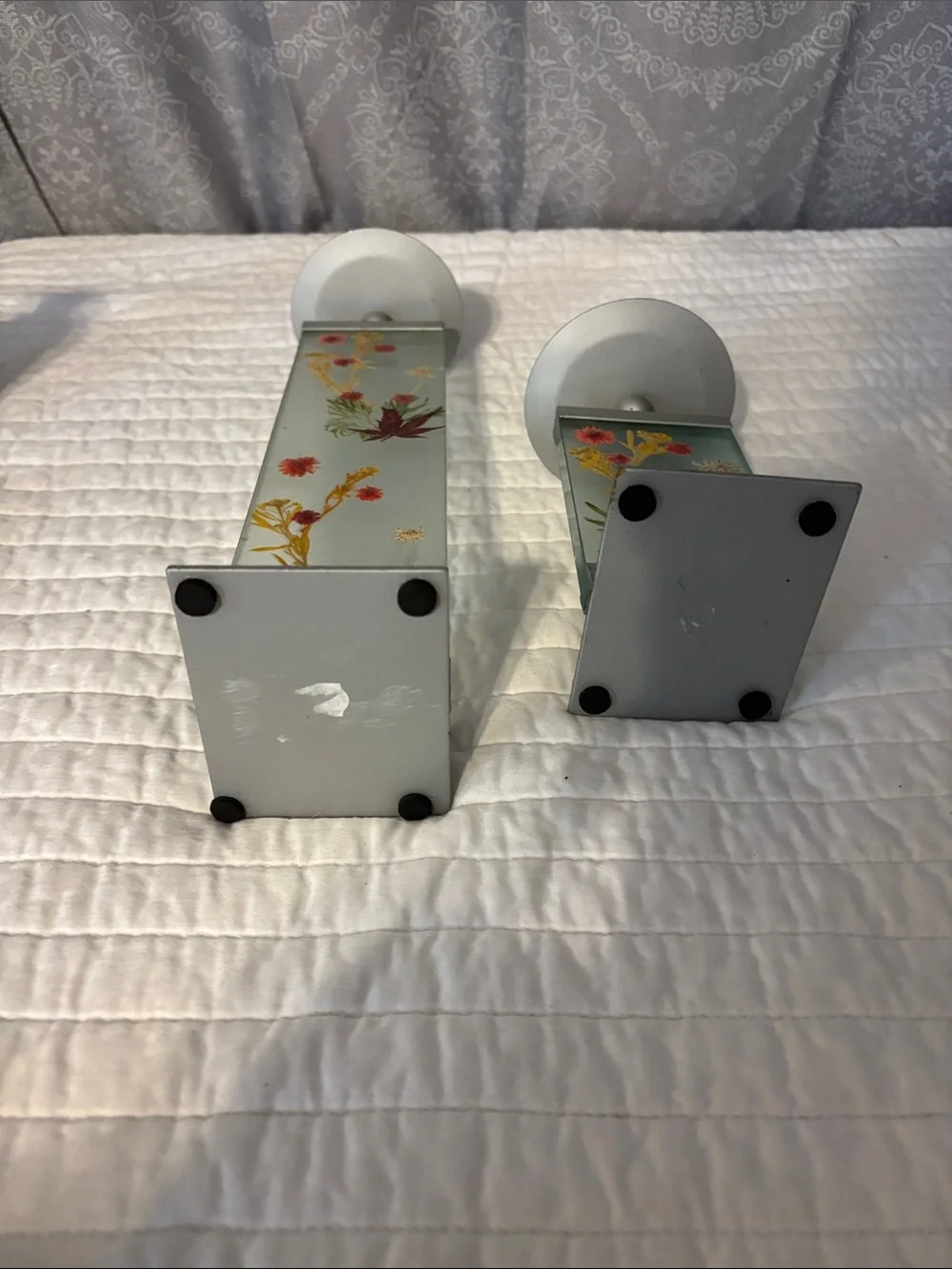 Frosted Floral Lantern Pair in Gray with Red & Yellow Accents
